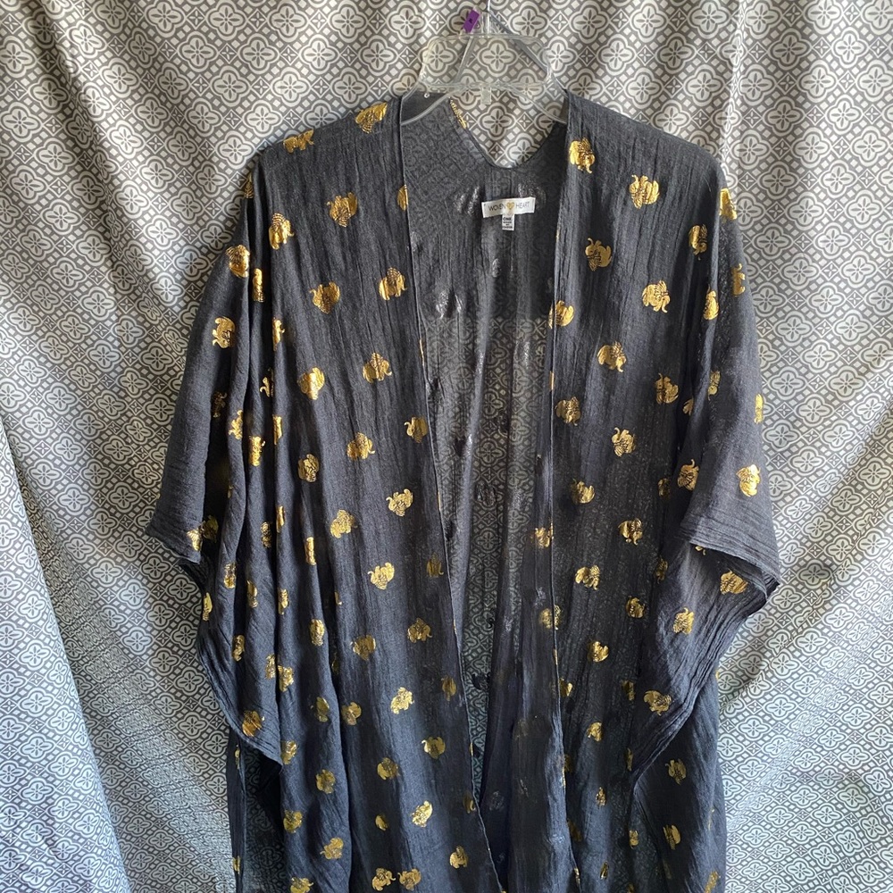 Woven Heart Grey and Gold Elephant Kimono Coverup